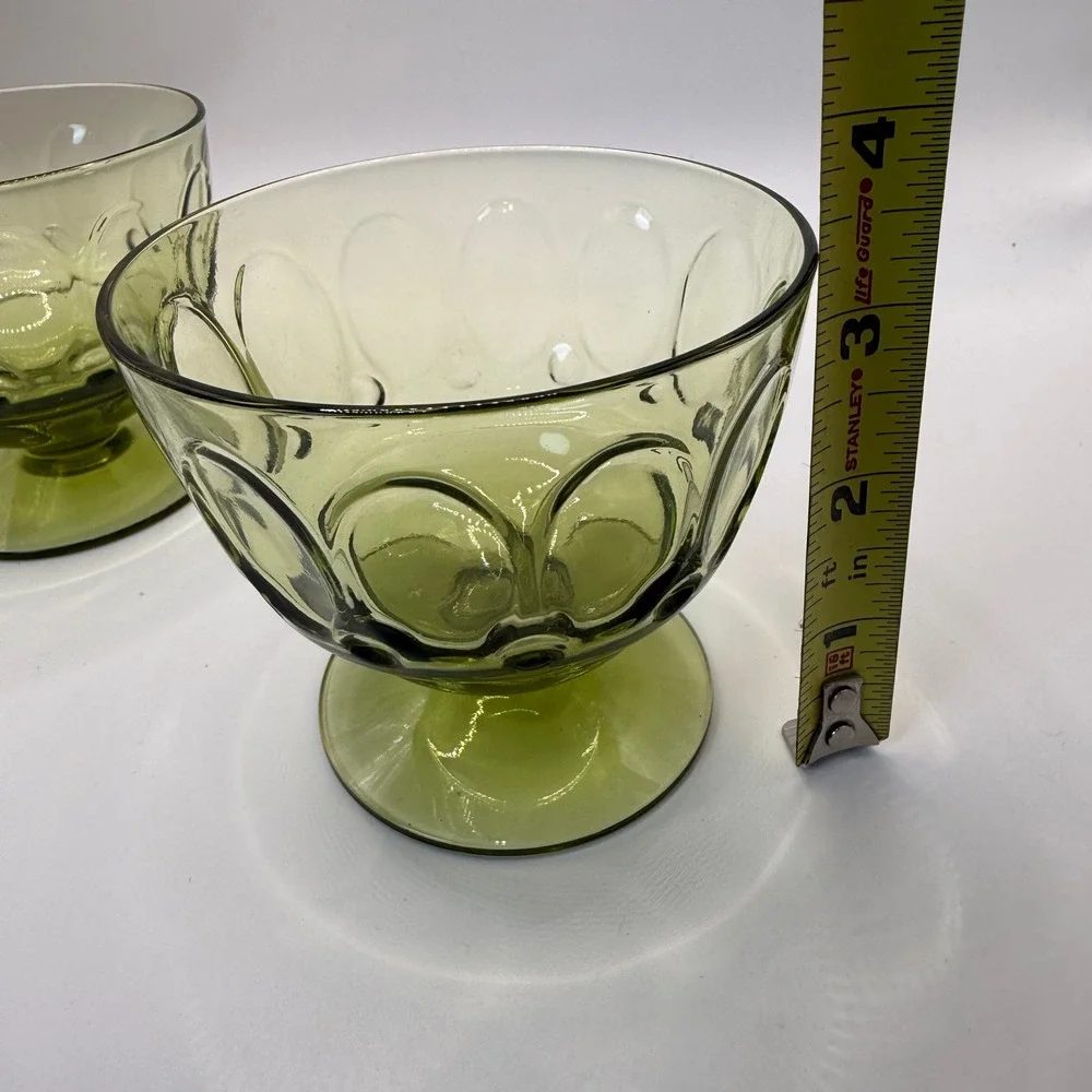 Fostoria Coin Glass Olive Green Footed Dessert Bowls Set of 2 Vintage MCM